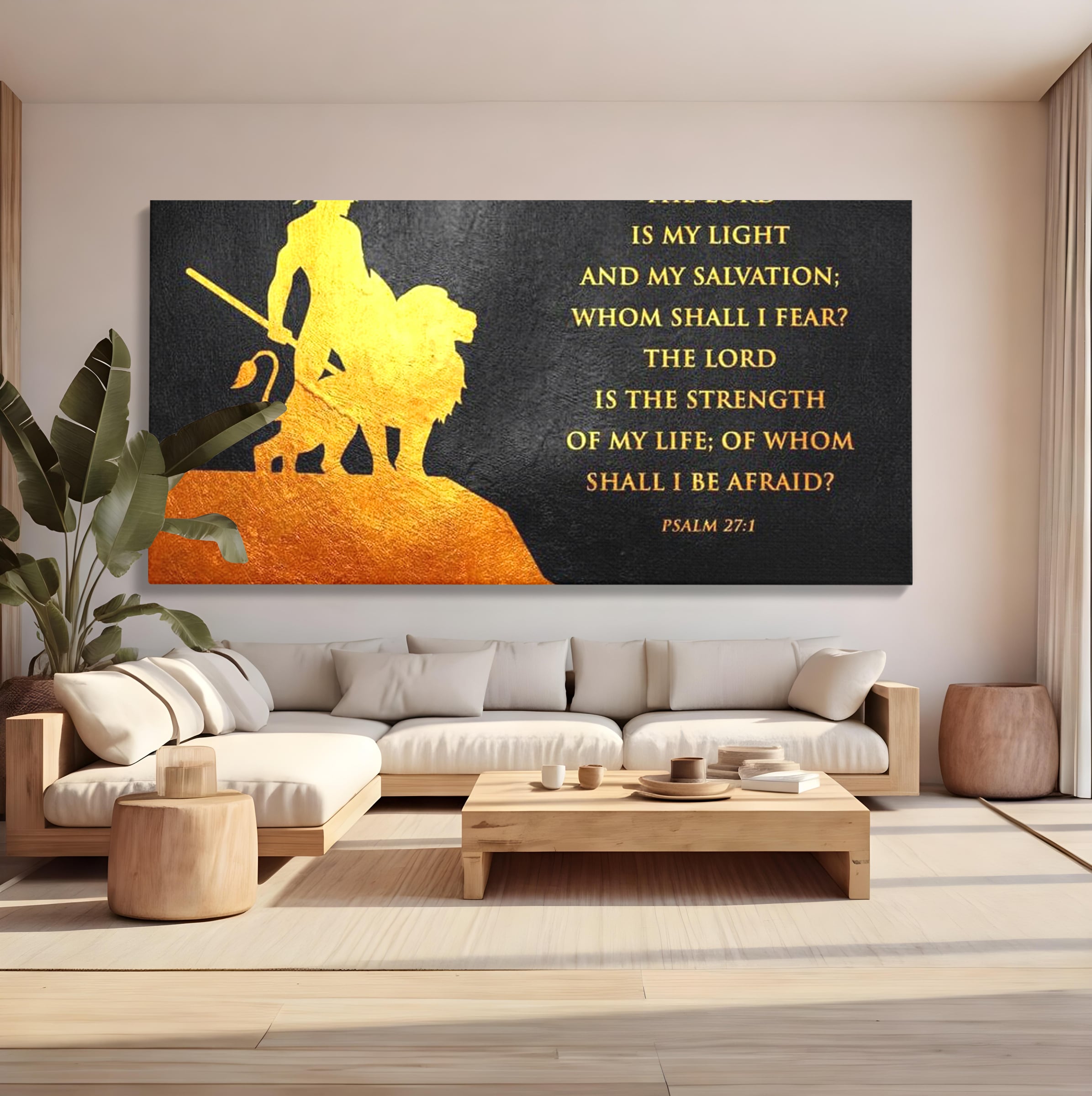 Tablou canvas cu tablou canvas cu razboinic si leu, fara rama, pe sasiu de lemn, pe perete intr-un living